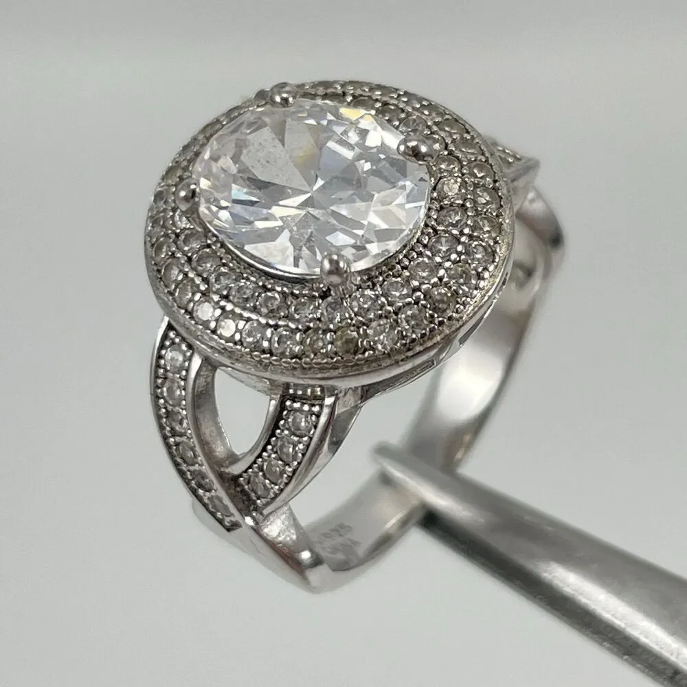 925 Sterling Silver White Cubic Zirconia Halo Oval Cut Statement Ring Sz 7